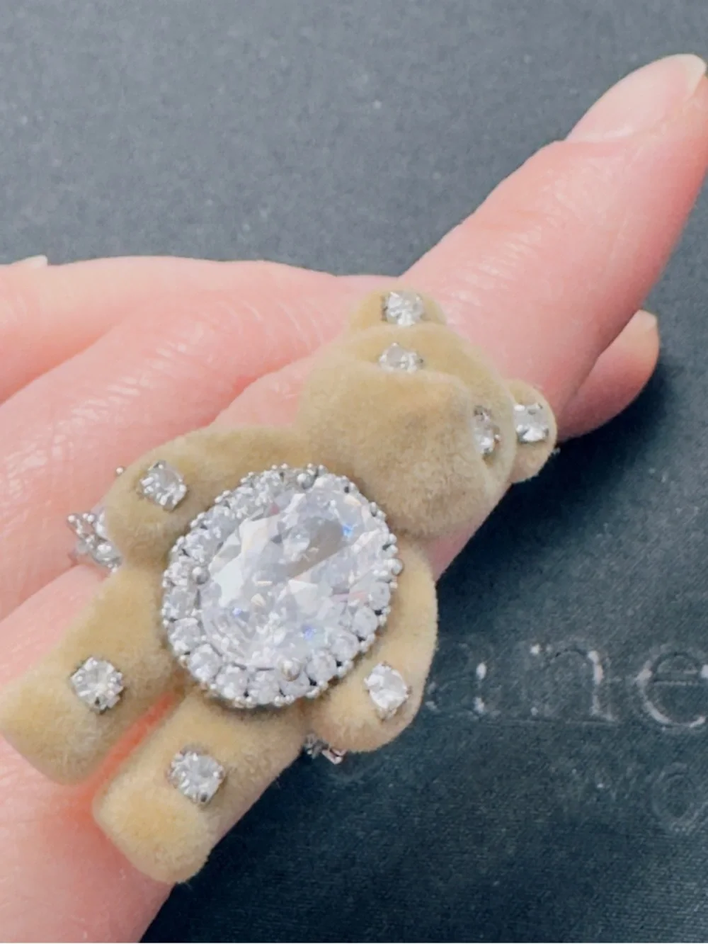Plush Teddy Bear Ring with Crystal Center - Beige
